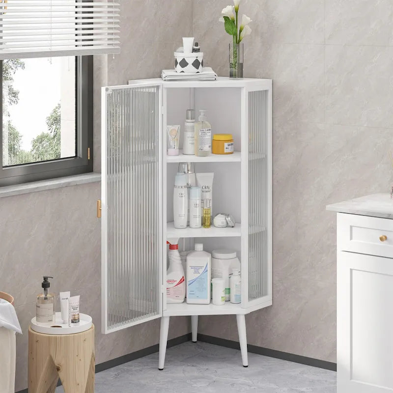 Armoire d'angle à trois niveaux de 22,25 po avec portes en verre trempé et étagères de rangement pour salle de bain, salon et chambre à coucher