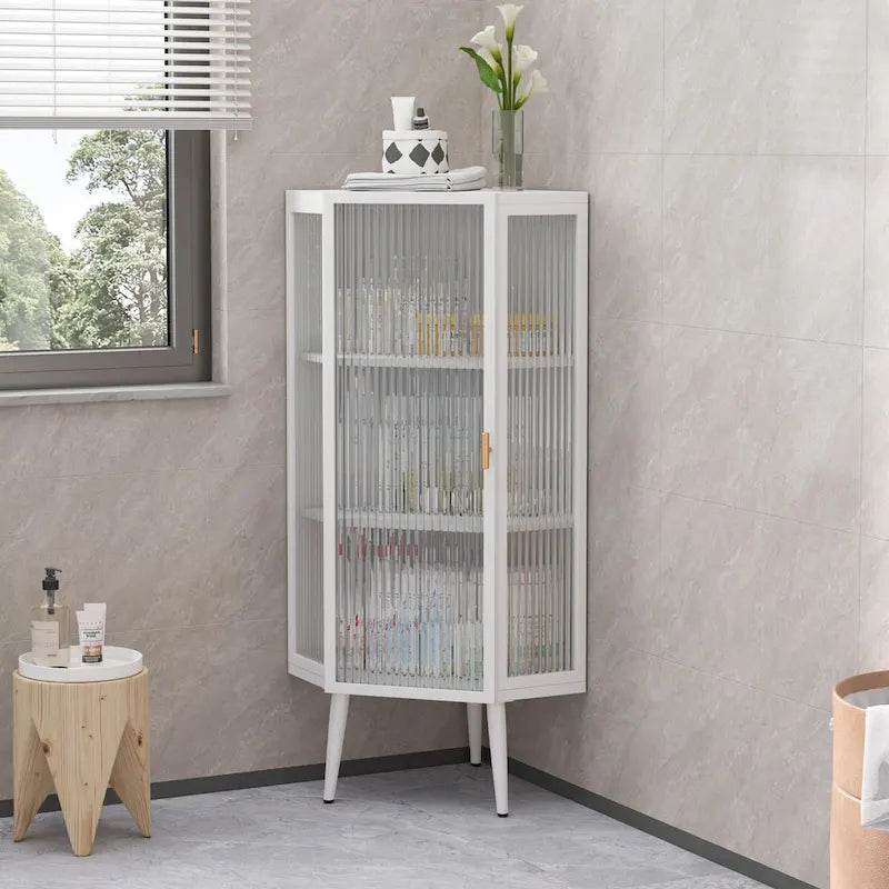 Armoire d'angle à trois niveaux de 22,25 po avec portes en verre trempé et étagères de rangement pour salle de bain, salon et chambre à coucher