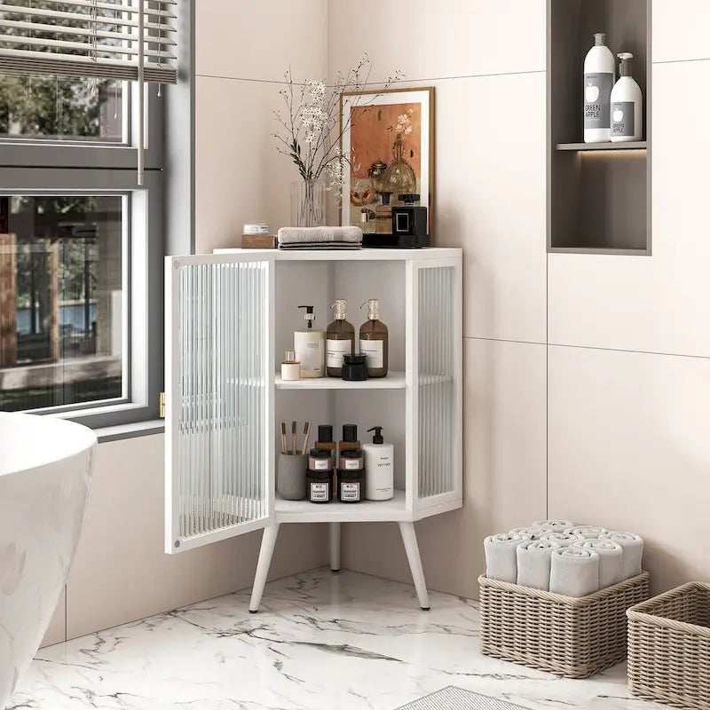 Meuble d'angle de 22,25 pouces avec porte en verre trempé et étagères de rangement pour salle de bain, salon, chambre (blanc)