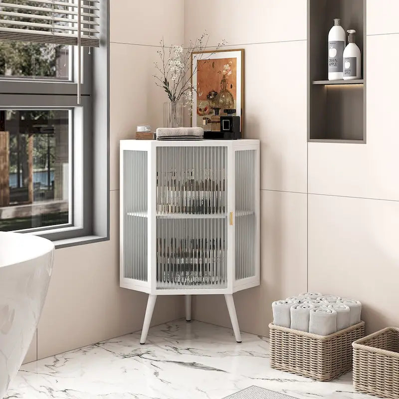 Meuble d'angle de 22,25 pouces avec porte en verre trempé et étagères de rangement pour salle de bain, salon, chambre (blanc)