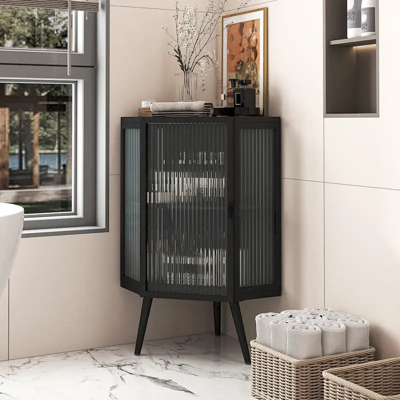 Meuble d'angle de 22,25 pouces avec porte en verre trempé et étagères de rangement pour salle de bain, salon, chambre (blanc)