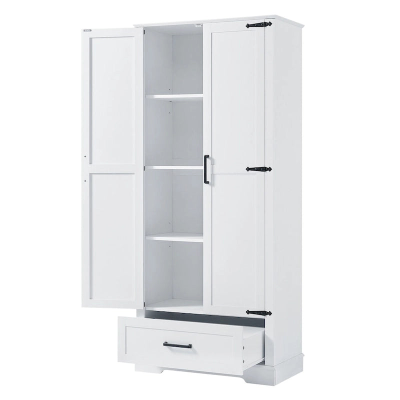 Armoire de rangement de salle de bain haute avec deux portes et un tiroir Étagère réglable Panneau MDF Blanc