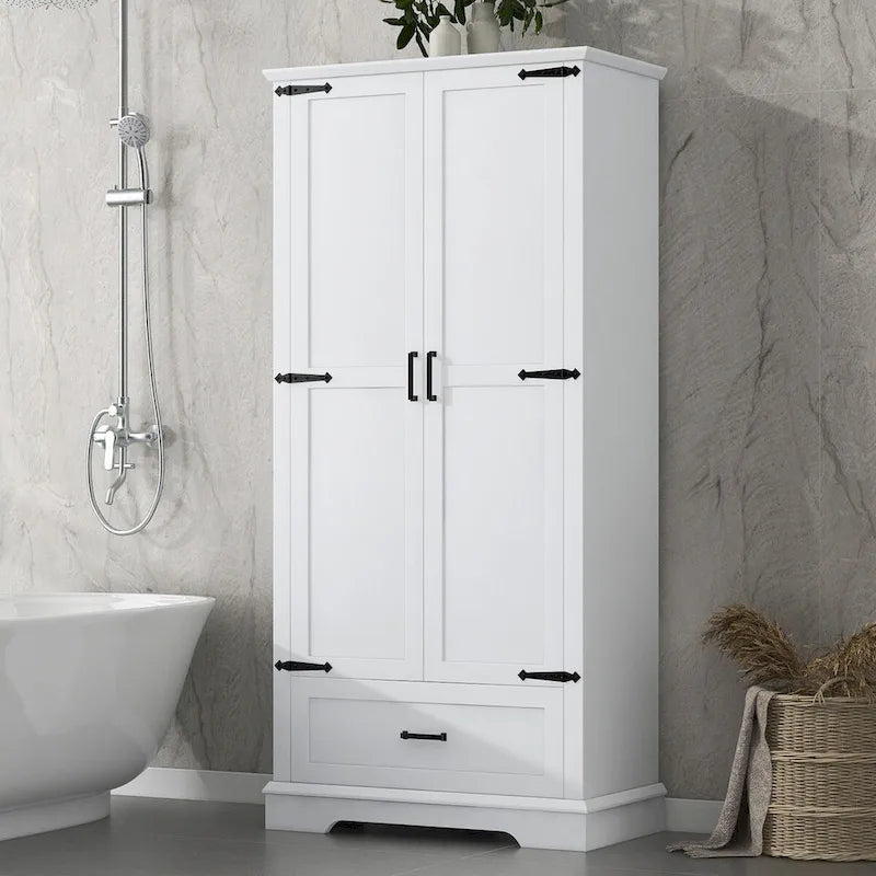 Armoire de rangement de salle de bain haute avec deux portes et un tiroir Étagère réglable Panneau MDF Blanc