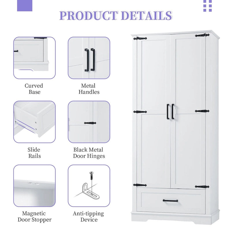 Armoire de rangement de salle de bain haute avec deux portes et un tiroir Étagère réglable Panneau MDF Blanc