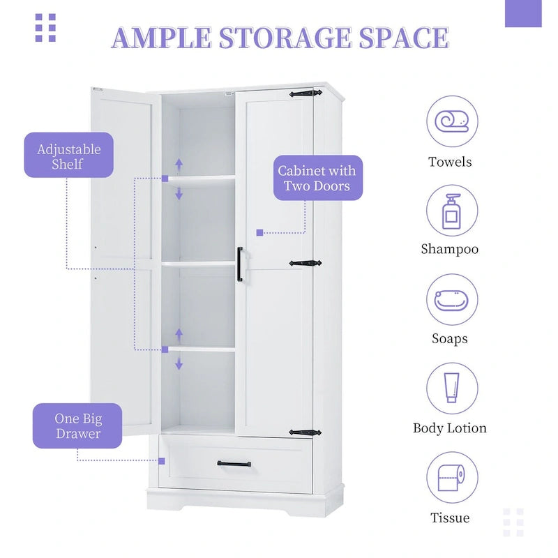 Armoire de rangement de salle de bain haute avec deux portes et un tiroir Étagère réglable Panneau MDF Blanc