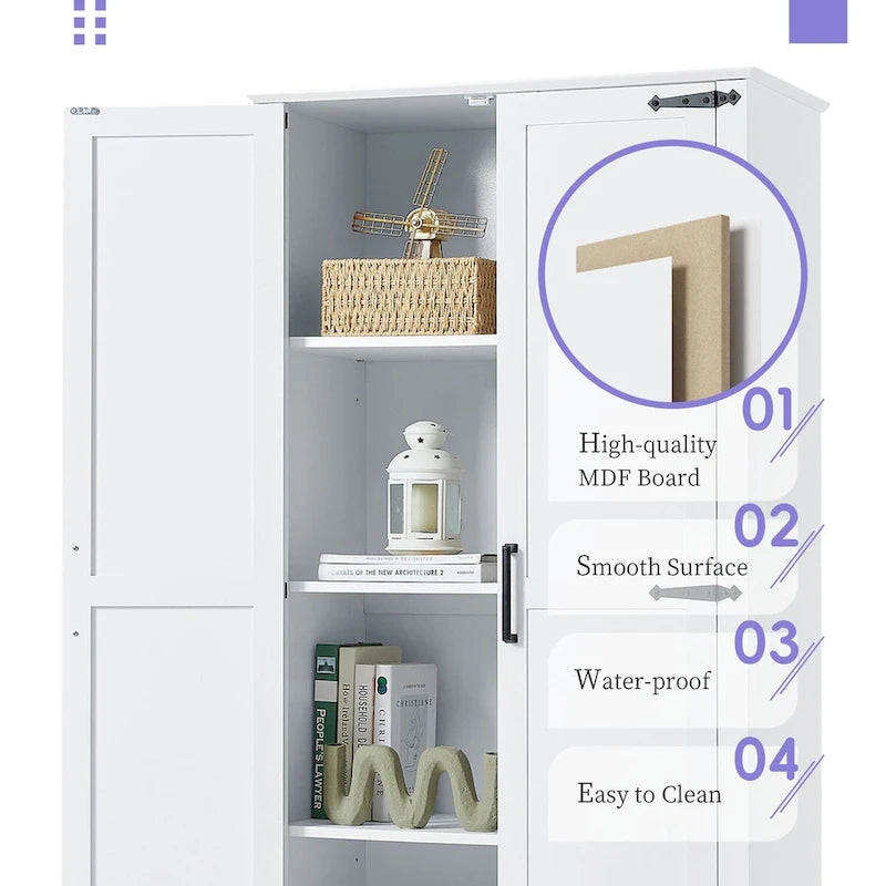 Armoire de rangement de salle de bain haute avec deux portes et un tiroir Étagère réglable Panneau MDF Blanc