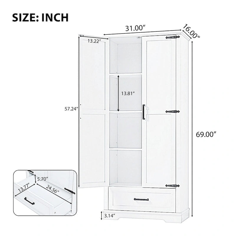 Armoire de rangement de salle de bain haute avec deux portes et un tiroir Étagère réglable Panneau MDF Blanc