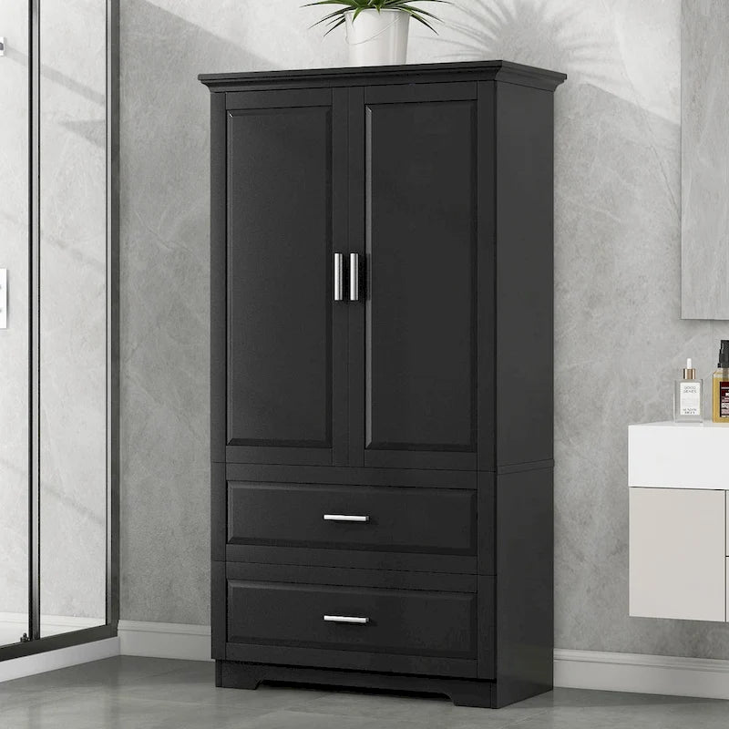 Meuble haut de rangement pour salle de bain, Meuble avec deux portes et tiroirs, Étagère réglable, Panneau MDF, Noir