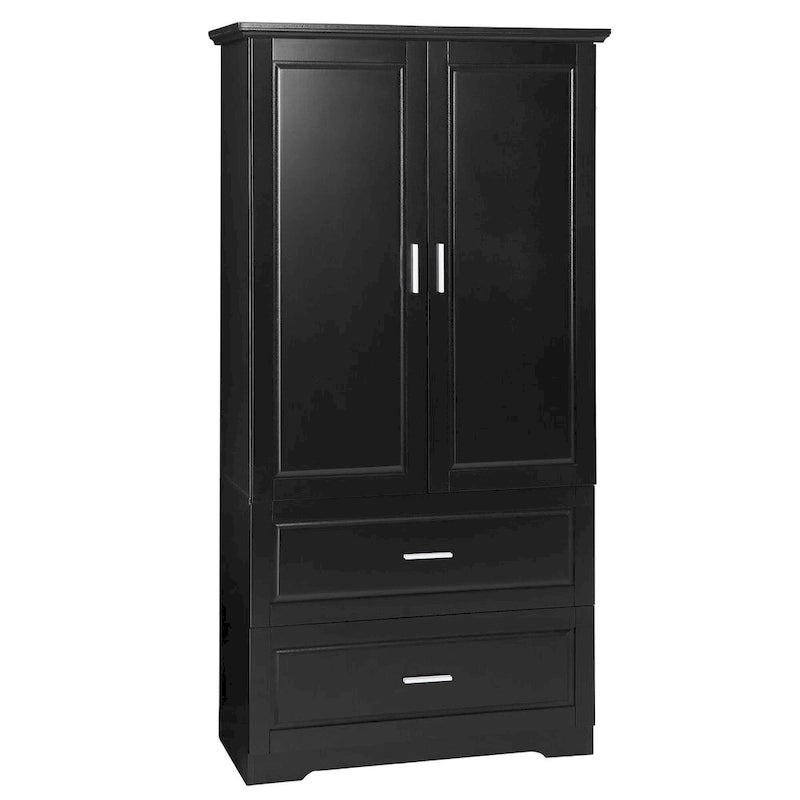 Meuble haut de rangement pour salle de bain, Meuble avec deux portes et tiroirs, Étagère réglable, Panneau MDF, Noir
