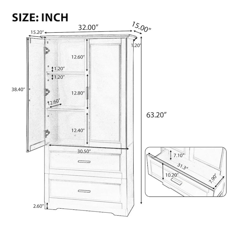Meuble haut de rangement pour salle de bain, Meuble avec deux portes et tiroirs, Étagère réglable, Panneau MDF, Noir