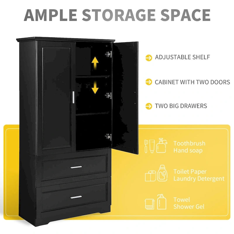 Meuble haut de rangement pour salle de bain, Meuble avec deux portes et tiroirs, Étagère réglable, Panneau MDF, Noir