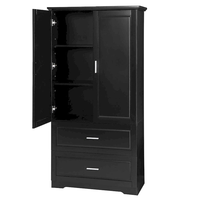 Meuble haut de rangement pour salle de bain, Meuble avec deux portes et tiroirs, Étagère réglable, Panneau MDF, Noir