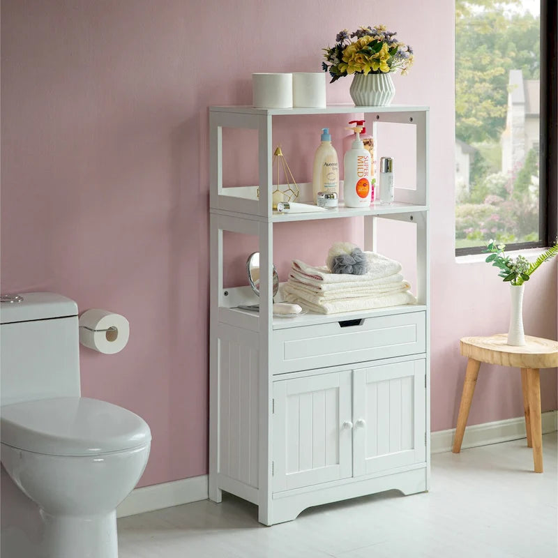 Meuble de rangement haut en bois sur pied, garde-manger de cuisine et meuble de salle de bain, un tiroir et 2 portes, blanc