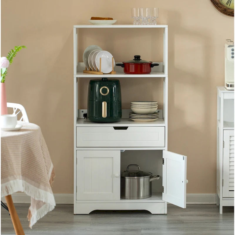 Meuble de rangement haut en bois sur pied, garde-manger de cuisine et meuble de salle de bain, un tiroir et 2 portes, blanc