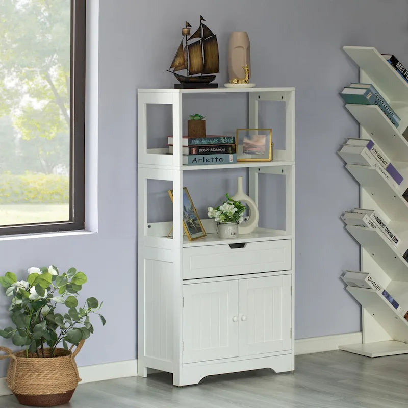 Meuble de rangement haut en bois sur pied, garde-manger de cuisine et meuble de salle de bain, un tiroir et 2 portes, blanc