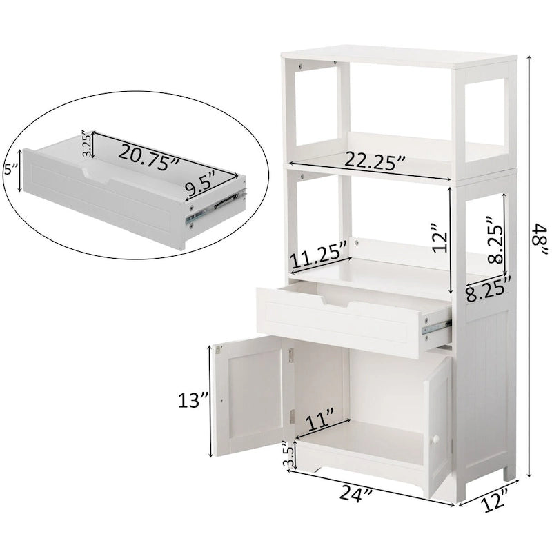 Meuble de rangement haut en bois sur pied, garde-manger de cuisine et meuble de salle de bain, un tiroir et 2 portes, blanc