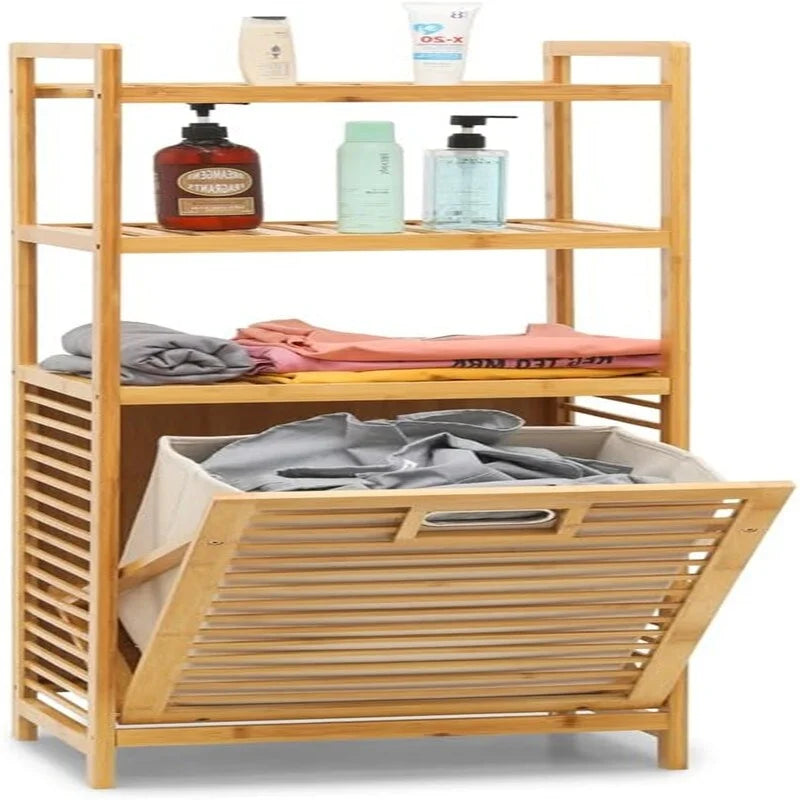 Panier à Linge Inclinable à 3 Niveaux en Bambou - 15.5L x 11.5l x 46.5H