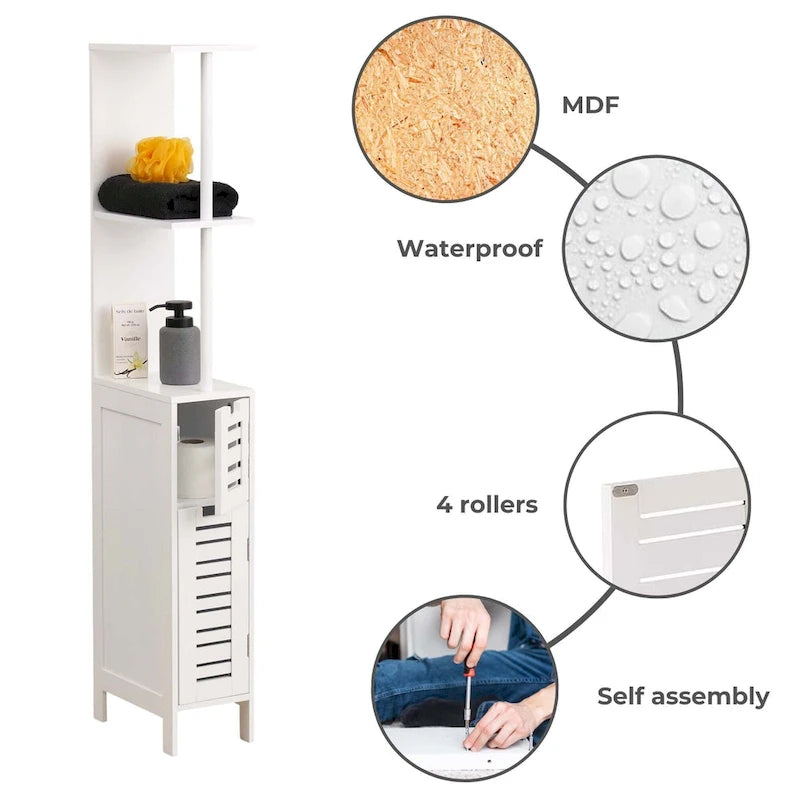 Meuble de Rangement Salle de Bain Miami Blanc Slim Étagères Ouvertes Deux Portes - 51.4H x 7.2L 12W