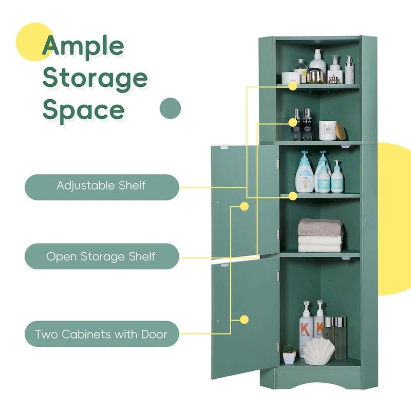 Meuble d'angle de salle de bain haut, armoire de rangement autoportante avec portes et étagères réglables, panneau MDF, vert