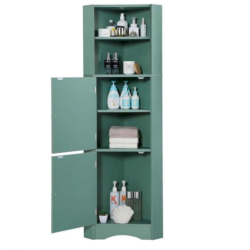 Meuble d'angle de salle de bain haut, armoire de rangement autoportante avec portes et étagères réglables, panneau MDF, vert