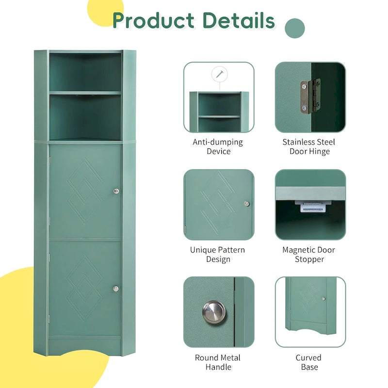 Meuble d'angle de salle de bain haut, armoire de rangement autoportante avec portes et étagères réglables, panneau MDF, vert