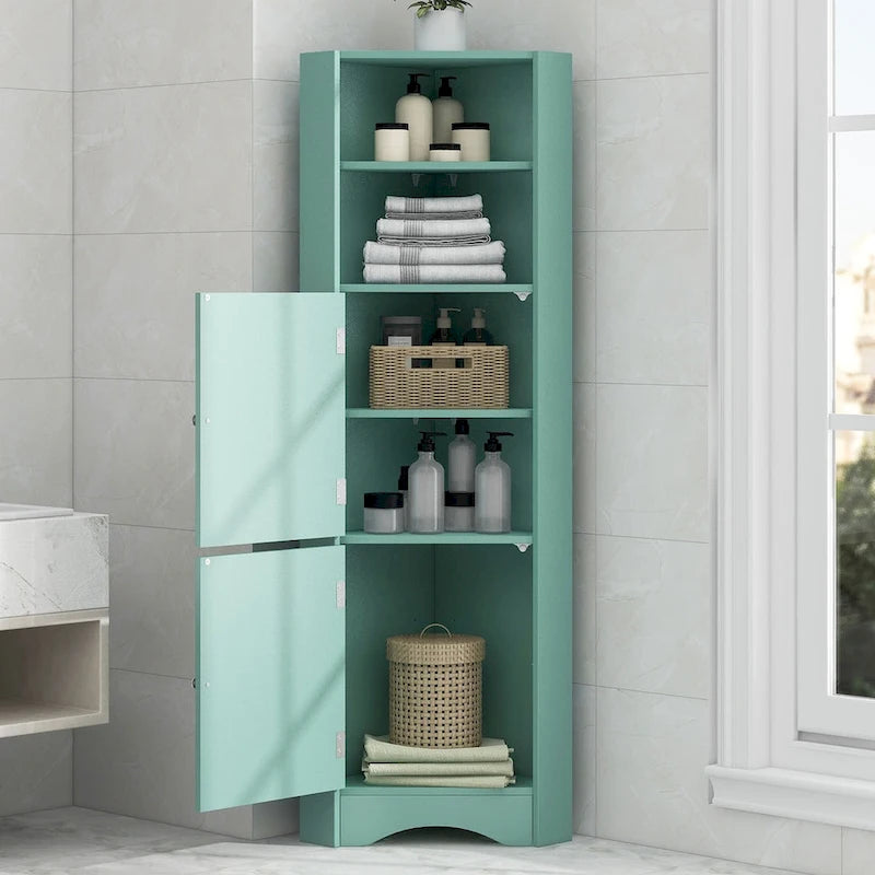 Meuble d'angle de salle de bain haut, armoire de rangement autoportante avec portes et étagères réglables, panneau MDF, vert