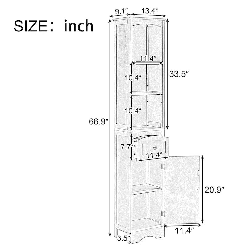 Meuble de salle de bain haut, meuble de rangement autonome avec tiroir, panneau MDF, étagère réglable