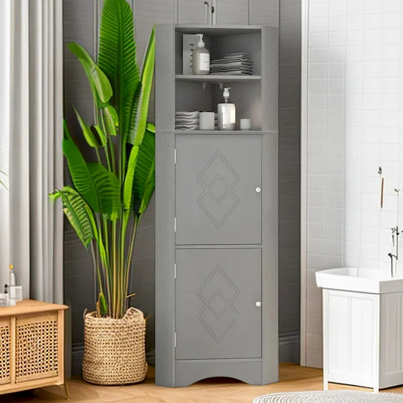 Meuble de salle de bain de 61 po de hauteur, meuble de rangement au sol autoportant avec étagère ouverte et portes