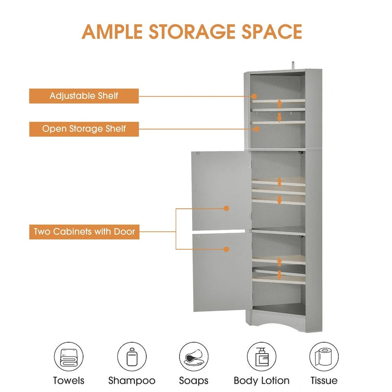 Meuble de salle de bain de 61 po de hauteur, meuble de rangement au sol autoportant avec étagère ouverte et portes