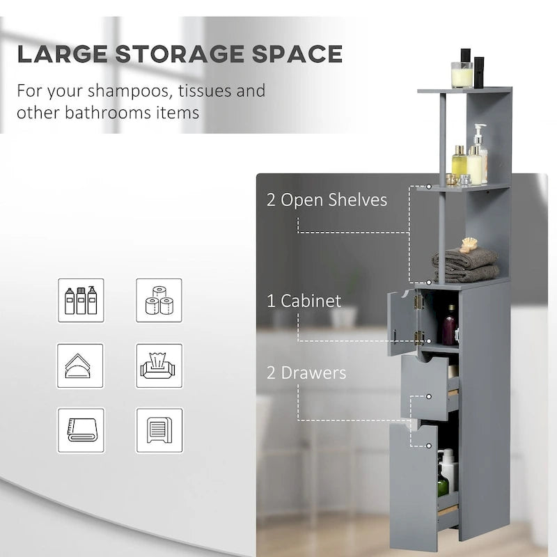 Meuble de rangement haut de salle de bain de 137 cm, Tour de rangement autonome avec étagère à 2 niveaux et tiroirs
