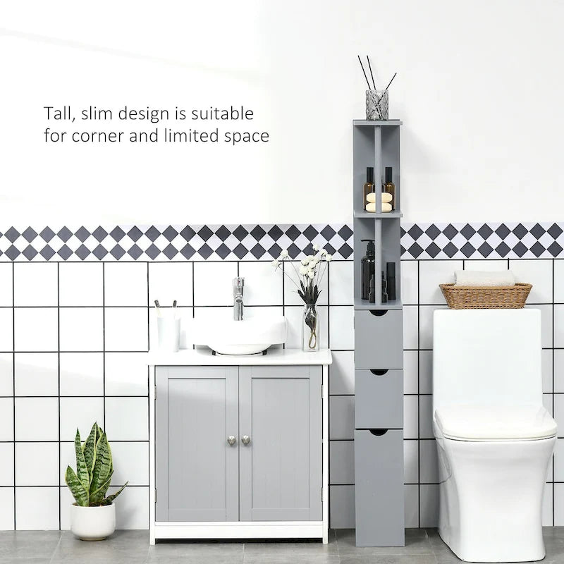 Meuble de rangement haut de salle de bain de 137 cm, Tour de rangement autonome avec étagère à 2 niveaux et tiroirs