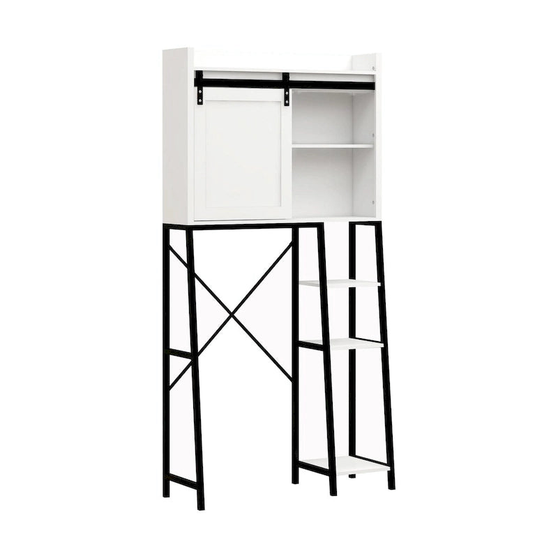 Meuble de rangement pour toilettes avec porte coulissante type grange et étagères réglables