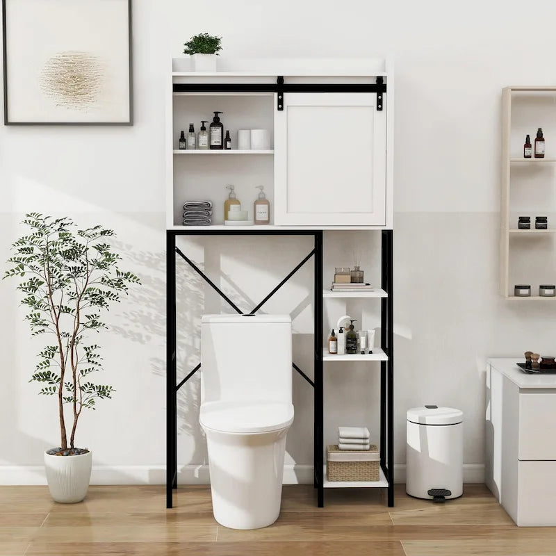 Meuble de rangement pour toilettes avec porte coulissante type grange et étagères réglables