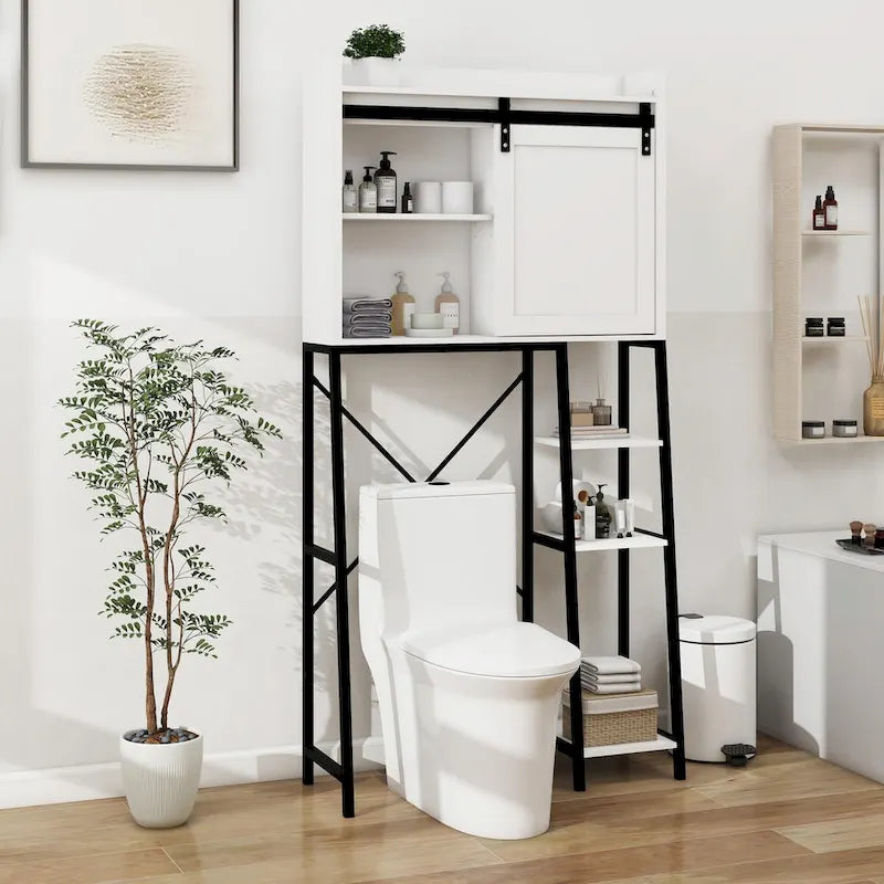 Meuble de rangement pour toilettes avec porte coulissante type grange et étagères réglables