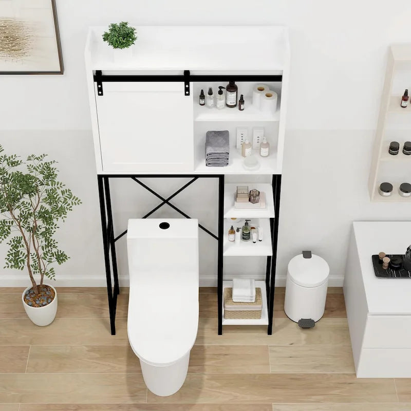 Meuble de rangement pour toilettes avec porte coulissante type grange et étagères réglables