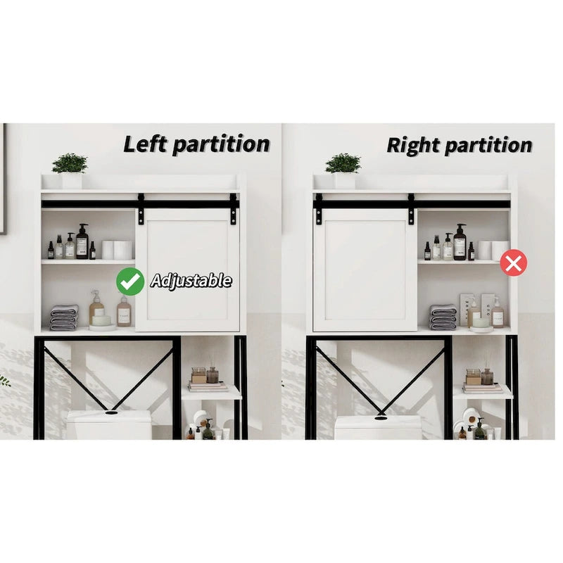 Meuble de rangement pour toilettes avec porte coulissante type grange et étagères réglables