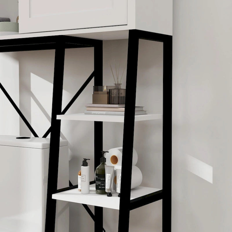 Meuble de rangement pour toilettes avec porte coulissante type grange et étagères réglables