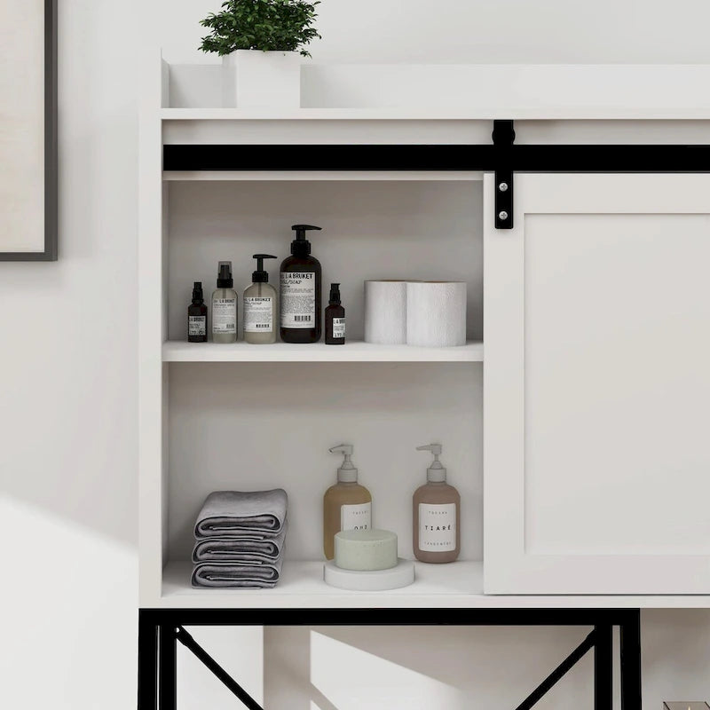 Meuble de rangement pour toilettes avec porte coulissante type grange et étagères réglables