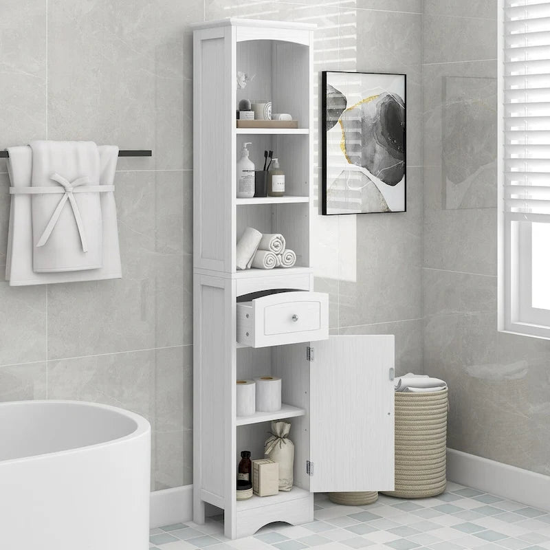 Meuble de rangement haut de salle de bain de 67 po, meuble d'appoint moderne et étroit avec tiroir et étagère réglable