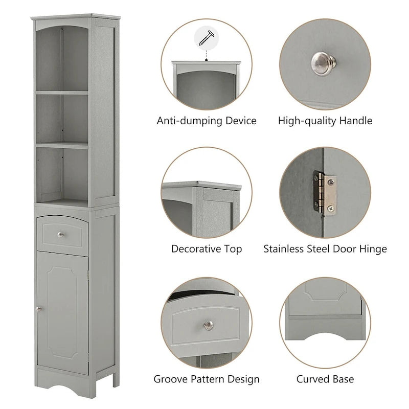 Meuble de rangement haut de salle de bain de 67 po, meuble d'appoint moderne et étroit avec tiroir et étagère réglable