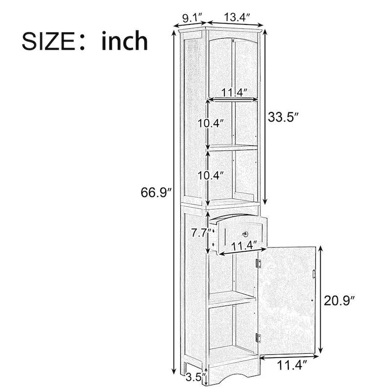 Meuble de rangement haut de salle de bain de 67 po, meuble d'appoint moderne et étroit avec tiroir et étagère réglable