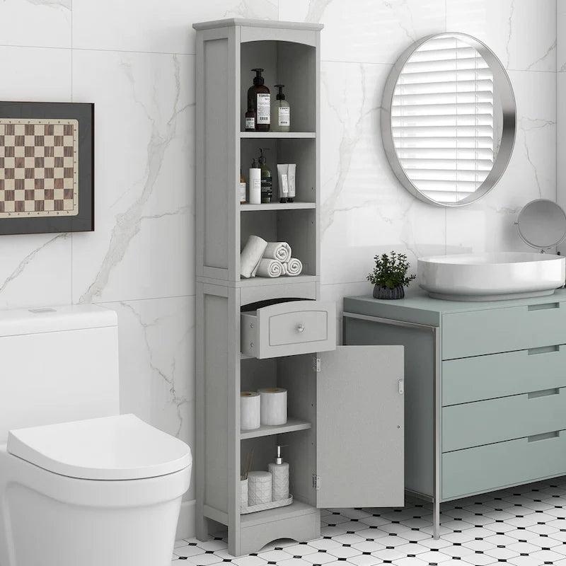 Meuble de rangement haut de salle de bain de 67 po, meuble d'appoint moderne et étroit avec tiroir et étagère réglable