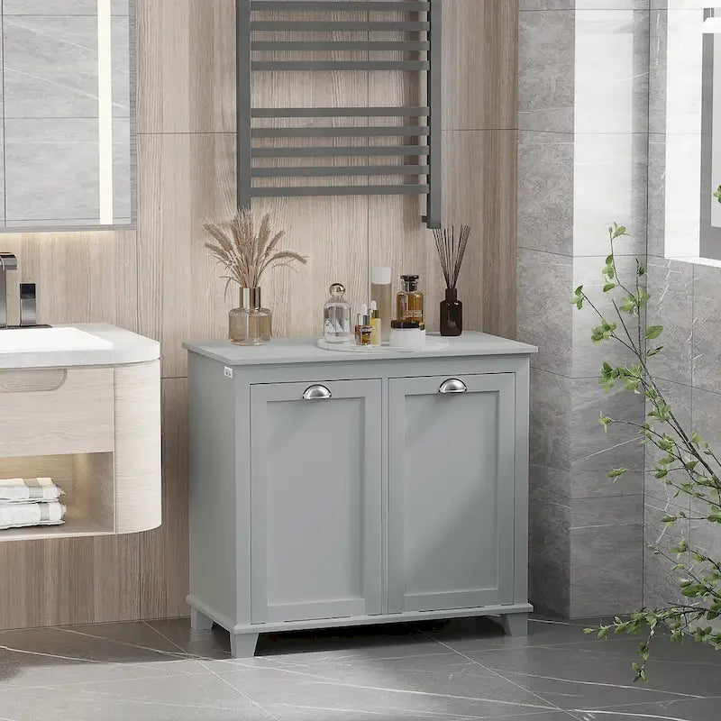 Organisateur de rangement de salle de bain avec panier à linge basculant à deux compartiments