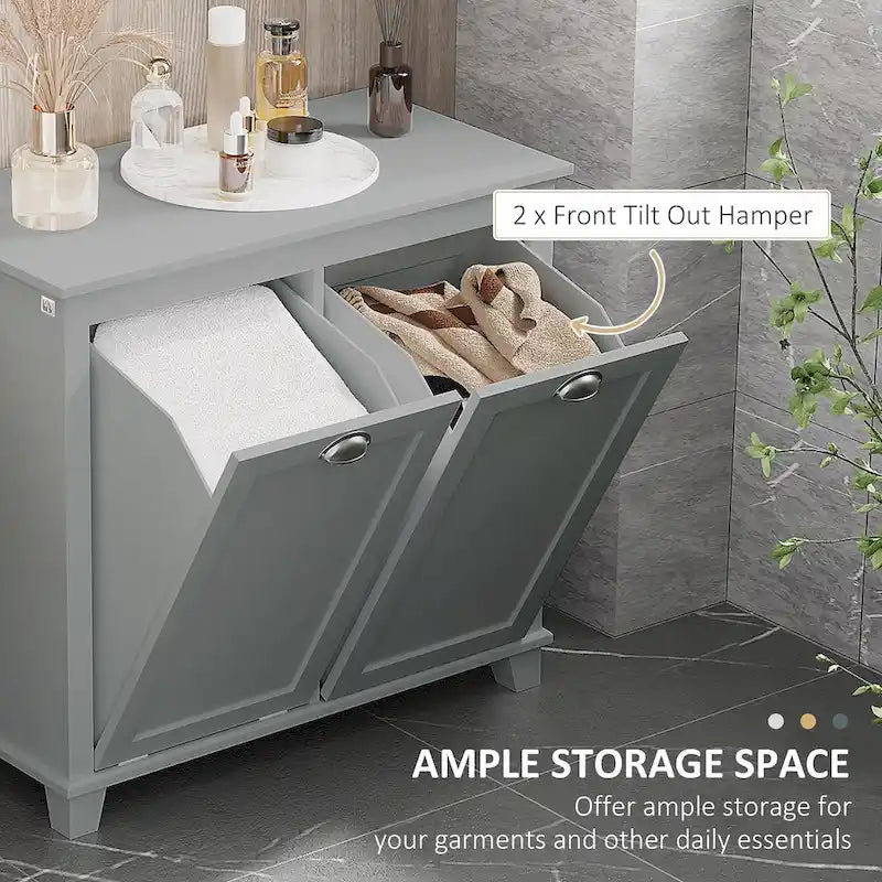Organisateur de rangement de salle de bain avec panier à linge basculant à deux compartiments