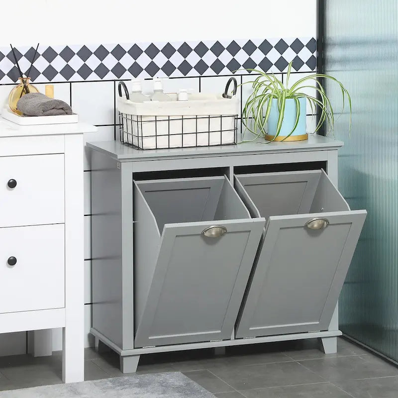 Organisateur de rangement de salle de bain avec panier à linge basculant à deux compartiments
