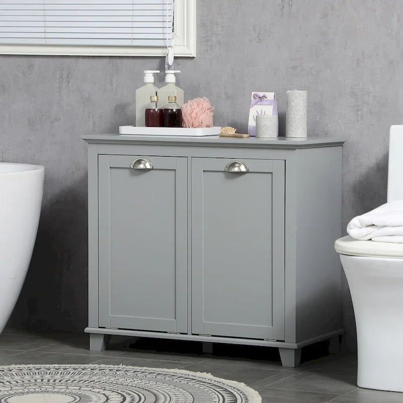 Organisateur de rangement de salle de bain avec panier à linge basculant à deux compartiments