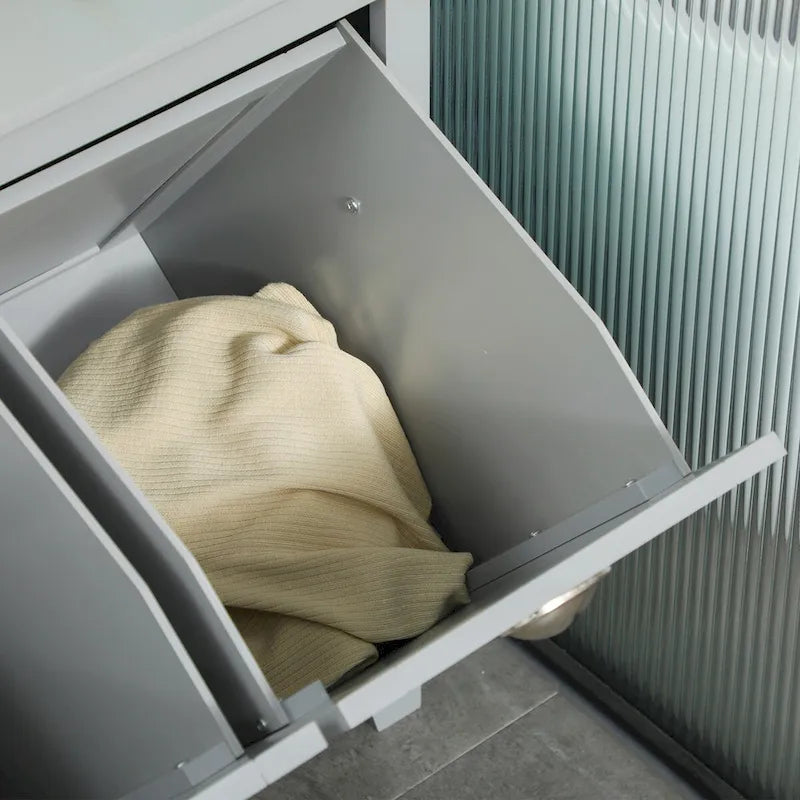Organisateur de rangement de salle de bain avec panier à linge basculant à deux compartiments