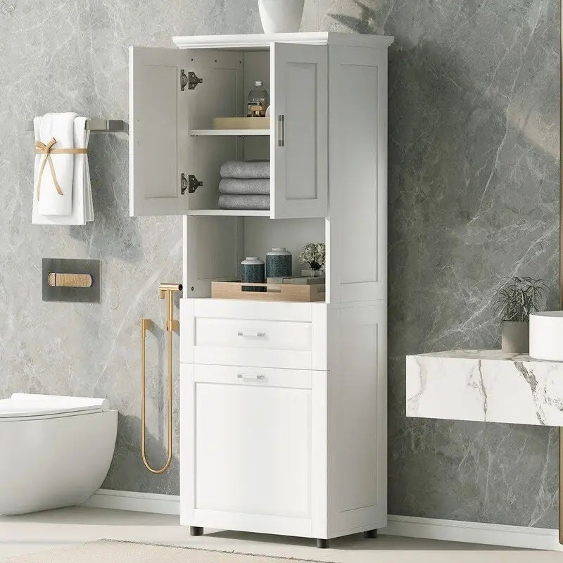 Meuble haut de salle de bain avec panier à linge basculant et armoire de rangement