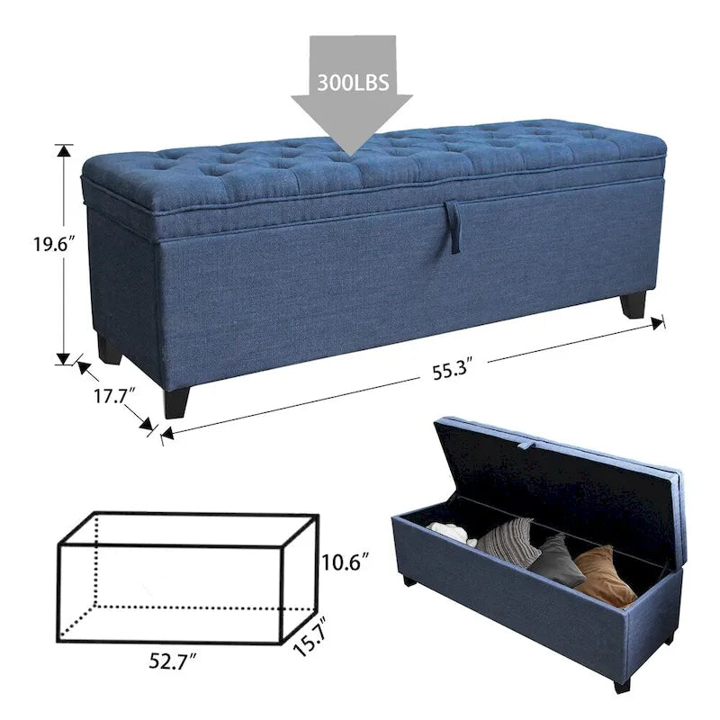 Banc de rangement ottoman extra long pour entrée avec coffre de rangement à couvercle rabattable