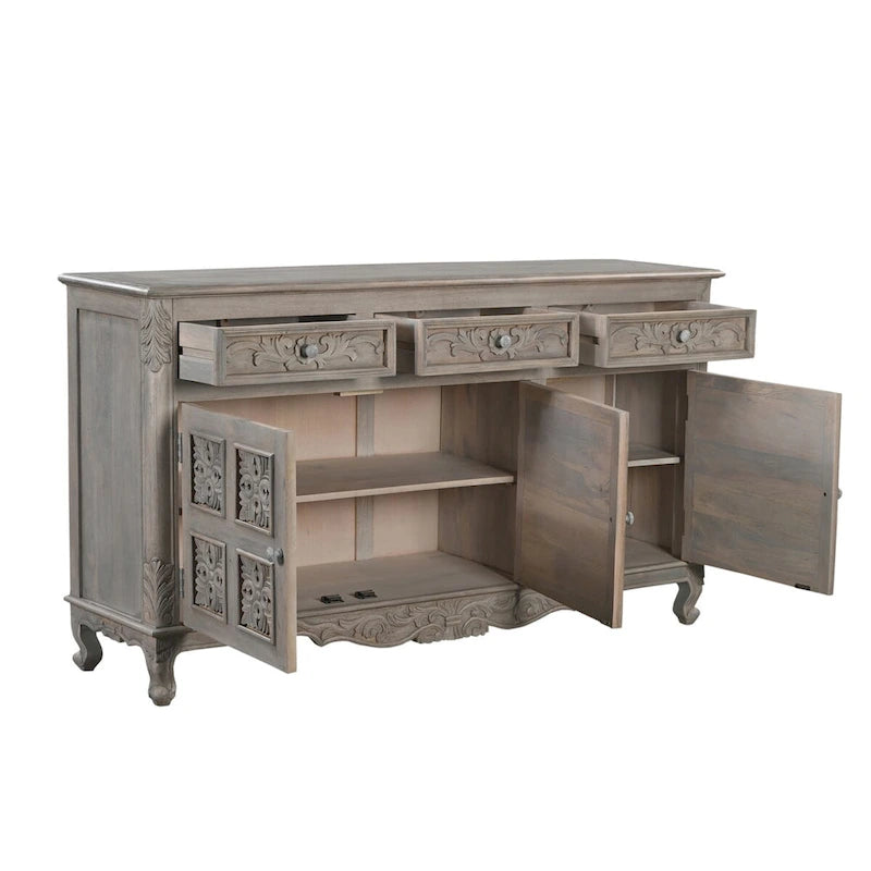Buffet en bois massif sculpté 3 tiroirs 3 portes Clara